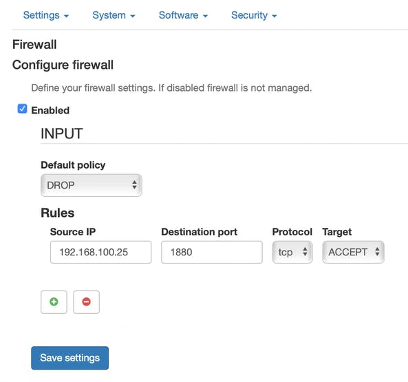 Proposed firewall setting of the remote device with Node-Red